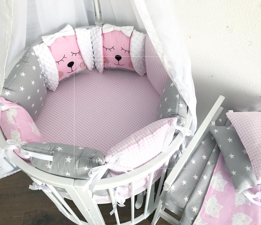 Комплект в кроватку дизайнерский Серо-розовый с зайками - ЮгМебель